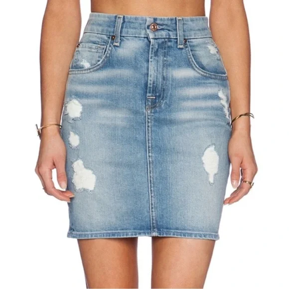 7 For All Mankind Light Blue Distressed Denim Pencil Skirt - Picture 1 of 9
